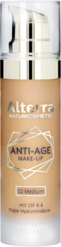 Alterra Anti-Age Make-Up 02 Medium, podkład z kwasem hialuronowym i SPF 6 w beżowej butelce z pompką, widok z przodu.
