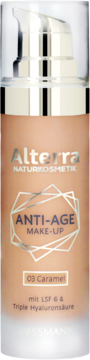 Alterra Anti-Age Make-Up 03 Caramel, podkład z pompką, SPF 6 i kwasem hialuronowym, widok przód.