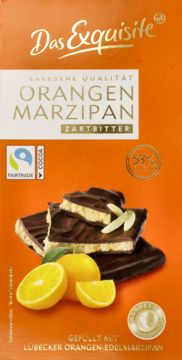 Pomarańczowe opakowanie gorzkiej czekolady Das Exquisite Orangen Marzipan z marcepanem i pomarańczą.