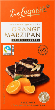 Gorzka czekolada Das Exquisite Orange Marzipan, opakowanie, z nadzieniem pomarańczowym i migdałami, 50% kakao.