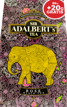 Sir Adalbert's Rose Black Tea, opakowanie 80g z 20g gratis, ozdobione złotym słoniem i różowymi ornamentami.