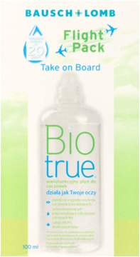 Bausch+Lomb Biotrue Flight Pack, 100 ml płyn do soczewek w białym opakowaniu z zielono-niebieskim napisem, widok z przodu.