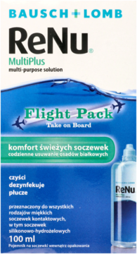 ReNu MultiPlus Flight Pack 100ml, płyn do soczewek, biało-niebieskie pudełko z samolotami, widok z przodu.