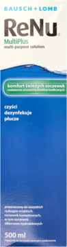 Niebiesko-białe pudełko Bausch+Lomb ReNu MultiPlus płyn do soczewek 500 ml, frontowe ujęcie, czyści, dezynfekuje.