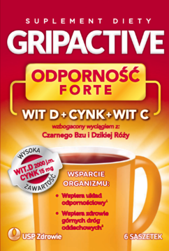 Front opakowania Gripactive Odporność Forte, suplement diety D+cynk+C wspierający układ odpornościowy.