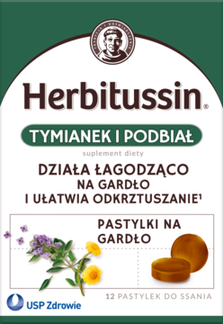 Herbitussin Tymianek i Podbiał, zielono-białe opakowanie pastylek na gardło, z ulgą w kaszlu, widok z przodu.