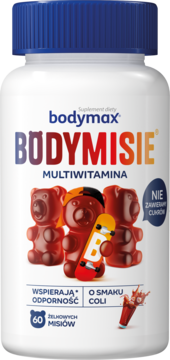 Biała butelka Bodymax Bodymisie multiwitamina żelki cola, bez cukru, z misiami i deskorolką, widok z przodu.