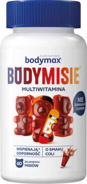 Biała butelka Bodymax Bodymisie multiwitamina żelki cola, bez cukru, z misiami i deskorolką, widok z przodu.