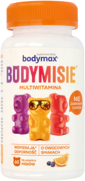 Bodymax Bodymisie Multiwitamina w białej butelce z pomarańczową zakrętką, z przodu kolorowe żelkowe misie bez cukru.