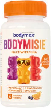 Bodymax Bodymisie Multiwitamina w białej butelce z pomarańczową zakrętką, z przodu kolorowe żelkowe misie bez cukru.