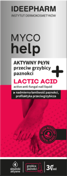 MYCO help aktywny płyn z kwasem mlekowym na grzybicę paznokci. Biało-różowe opakowanie z grafiką stóp.