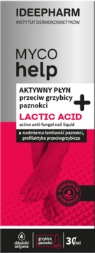 IDEEPHARM MYCO help 30ml, płyn na grzybicę paznokci z kwasem mlekowym, srebrno-różowe opakowanie ze stopami, widok z przodu.
