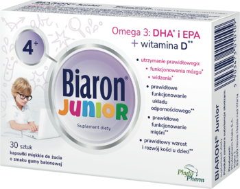 Biaron Junior 4+, suplement diety z Omega 3 i witaminą D, biało-fioletowe pudełko, przód.