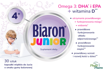 Biaron Junior Omega 3 DHA i witamina D dla dzieci 4+. Białe opakowanie z chłopcem i fioletowym logo.