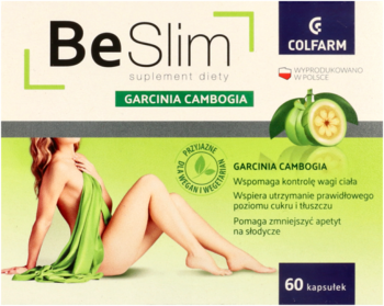 BeSlim Garcinia Cambogia suplement diety, jasnozielone pudełko z kobietą i owocem, widok frontalny.
