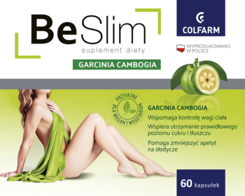 BeSlim Garcinia Cambogia suplement diety 60 kapsułek, zielono-białe opakowanie z kobietą i owocami.