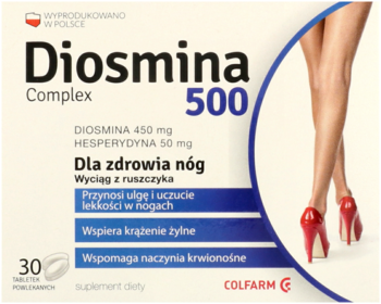 Białe pudełko suplementu Diosmina 500 Complex Colfarm, na zdrowe nogi, z grafiką kobiecych nóg w czerwonych szpilkach.