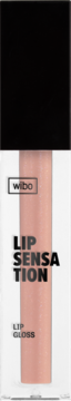 WIBO Lip Sensation Lip Gloss w przezroczystej tubce, brzoskwiniowy z drobinkami, nawilża usta, widok z przodu.