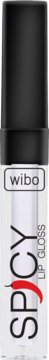 WIBO Spicy lip gloss w przezroczystej tubce, czarna nakrętka, pionowy napis z czerwoną papryczką chili.
