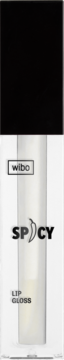 Przezroczysty błyszczyk do ust WIBO Spicy z czarną nakrętką i napisem SPICY z grafiką papryczki chili.