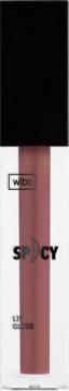 WIBO Spicy błyszczyk do ust w beżowo-brązowym kolorze, przezroczysta tubka z czarną nakrętką, widok z przodu.