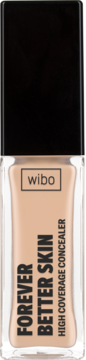 Wibo Forever Better Skin High Coverage Concealer w jasnobeżowym odcieniu, w przezroczystej butelce z czarną nakrętką, widok z przodu.