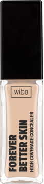 Beżowy korektor Wibo Forever Better Skin High Coverage w przezroczystej butelce z czarną nakrętką, widok z przodu.