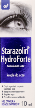 Starazolin HydroForte 10ml, krople do oczu na suche oko, niebieskie opakowanie z okiem, widok z przodu.