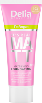 Delia Cosmetics It's Real Matt matujący podkład w różowej tubce, odcień 103 Warm Beige, widok z przodu.