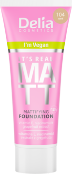 Delia Cosmetics It's Real Matt podkład matujący 104 Sand, różowa tubka z białym wieczkiem, widok z przodu.