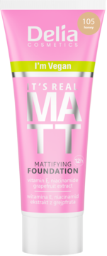 Wegański matujący podkład Delia Cosmetics It's Real Matt 105 Honey w różowej tubce, widok z przodu.