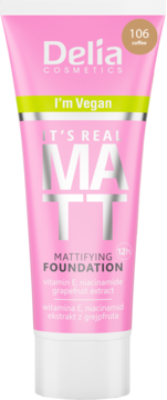 Różowa tubka wegańskiego podkładu matującego Delia Cosmetics It's Real Matt 106 Coffee, widok z przodu.