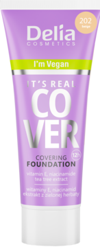 Delia Cosmetics wegański podkład kryjący It's Real Cover 202 Beige, lawendowa tuba z napisem I'm Vegan.