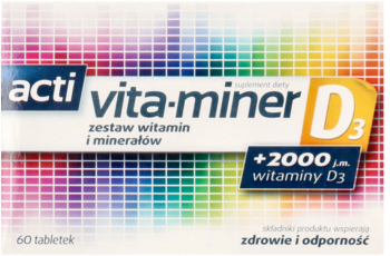 Frontalny widok opakowania Acti Vita-Miner D3 na tęczowym tle, zestaw witamin i minerałów, D3.