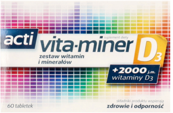 Frontalny widok opakowania Acti Vita-Miner D3 na tęczowym tle, zestaw witamin i minerałów, D3.