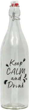 Przezroczysta szklana butelka 1L z zamknięciem pałąkowym, czerwonym korkiem i napisem Keep CALM and Drink, widok z przodu.