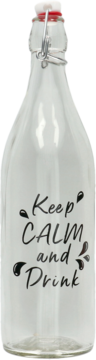 Przezroczysta szklana butelka 1L z zamknięciem pałąkowym, czerwonym korkiem i napisem Keep CALM and Drink, widok z przodu.