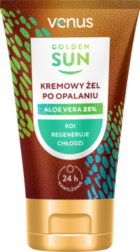 Brązowa tuba Venus Golden Sun kremowego żelu po opalaniu z 25% Aloe Vera, nawilża, koi i chłodzi skórę.