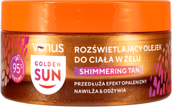 Venus Golden Sun rozświetlający olejek do ciała w żelu, brązowy słoiczek z pomarańczową zakrętką, widok z przodu.