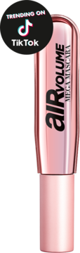 L'Oréal Paris Air Volume Mega Mascara w lśniącej różowo-złotej tubce z etykietą "Trending on TikTok", ujęcie z przodu.