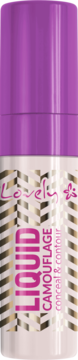 Lovely Liquid Camouflage, mocno kryjący korektor w płynie, biała butelka z fioletową zakrętką i złotym wzorem.