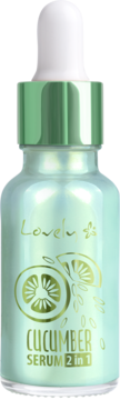 Jasnozielona butelka Lovely Cucumber Serum 2w1 primer z pipetą, grafika ogórka, widok z przodu.
