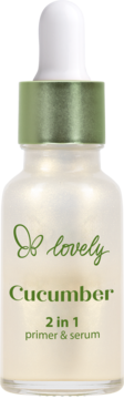 Primer i serum 2w1 Lovely Cucumber w matowej butelce z zakraplaczem, zielony napis, widok z przodu.