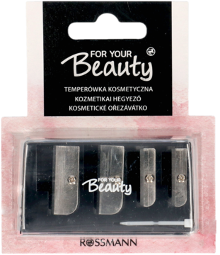 Zestaw czterech srebrnych temperówek For Your Beauty Rossmann do kredek kosmetycznych, widok z przodu.