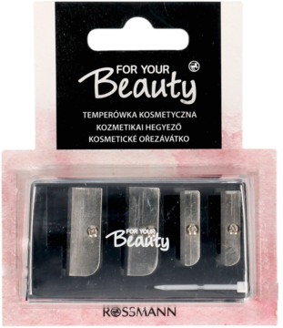 Zestaw czterech srebrnych temperówek For Your Beauty Rossmann do kredek kosmetycznych, widok z przodu.