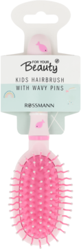 Różowa szczotka do włosów dla dzieci For Your Beauty Rossmann, widok z przodu, z falowanymi pinami w opakowaniu.