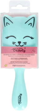 Dziecięca szczotka do rozczesywania Rossmann, jasnoniebieski kotek w przezroczystym opakowaniu, widok z przodu.