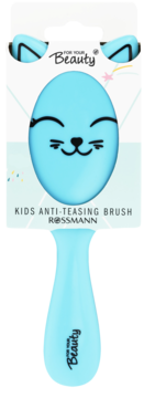 Jasnoniebieska szczotka do włosów anti-teasing dla dzieci Rossmann, z kocim pyszczkiem i uszami, widok z przodu.