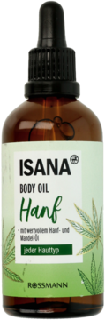 Isana Body Oil Hanf, brązowa butelka z zakraplaczem, zielona etykieta z liśćmi konopi, z olejem konopnym i migdałowym.