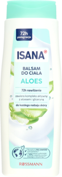 Balsam do ciała Isana Aloes 72h nawilżenie w białej butelce, zielona etykieta z kawałkami aloesu, widok frontalny.